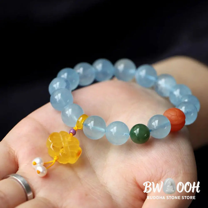 Buddha Stones Natural Aquamarine Amber Chinese Knotting Charm Peace Bracelet - BWOOOH - Aquamarine - Bracelet