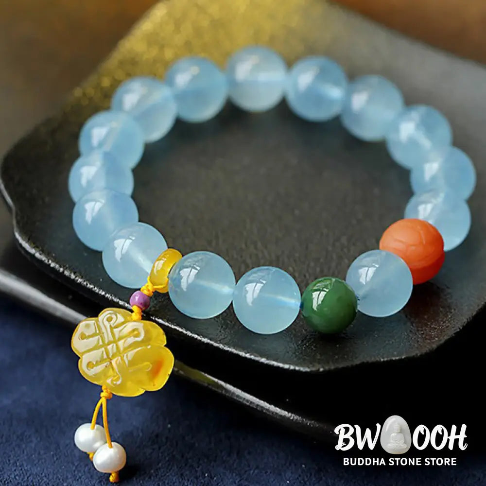 Buddha Stones Natural Aquamarine Amber Chinese Knotting Charm Peace Bracelet - BWOOOH - Aquamarine - Bracelet