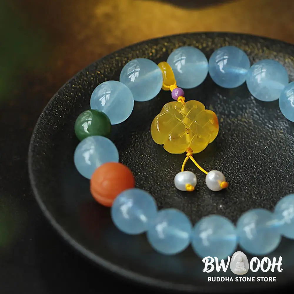 Buddha Stones Natural Aquamarine Amber Chinese Knotting Charm Peace Bracelet - BWOOOH - Aquamarine - Bracelet