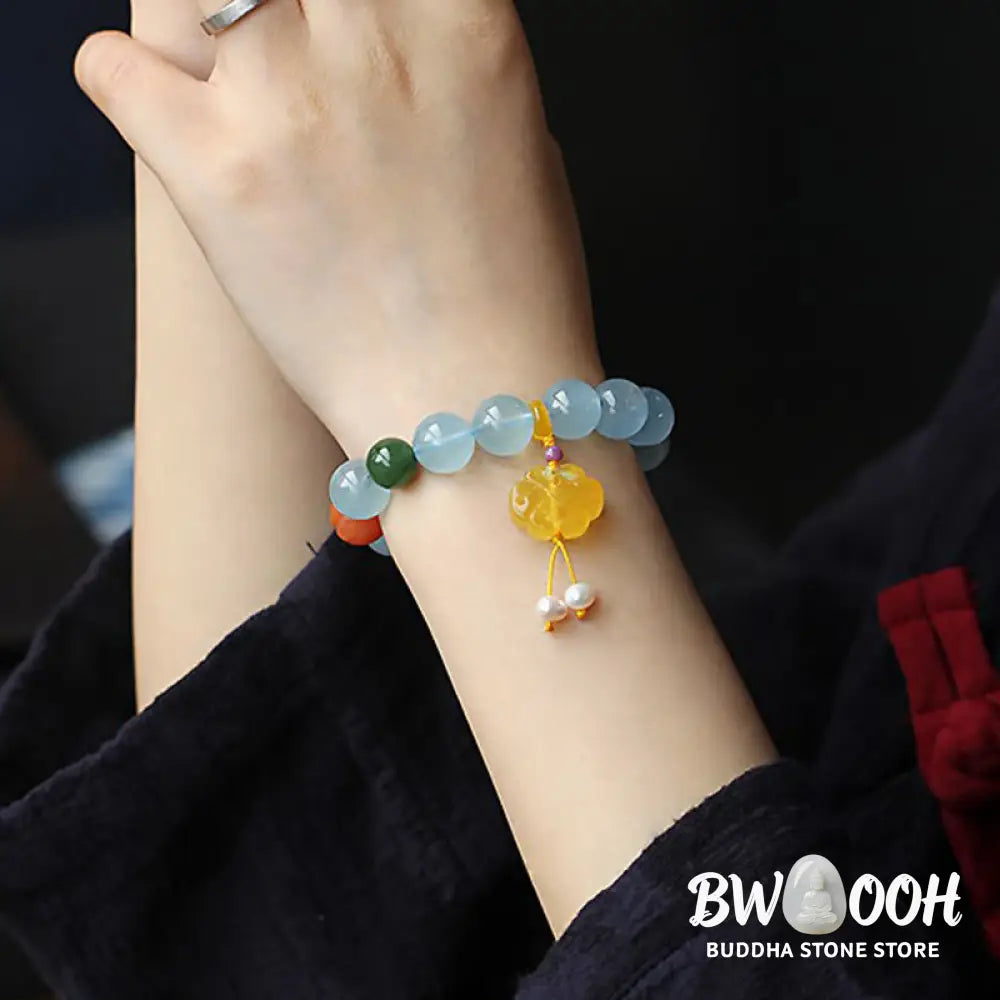 Buddha Stones Natural Aquamarine Amber Chinese Knotting Charm Peace Bracelet - BWOOOH - Aquamarine - Bracelet