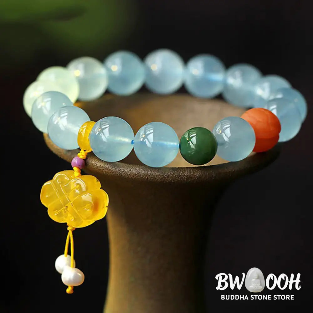 Buddha Stones Natural Aquamarine Amber Chinese Knotting Charm Peace Bracelet - BWOOOH - Aquamarine - Bracelet