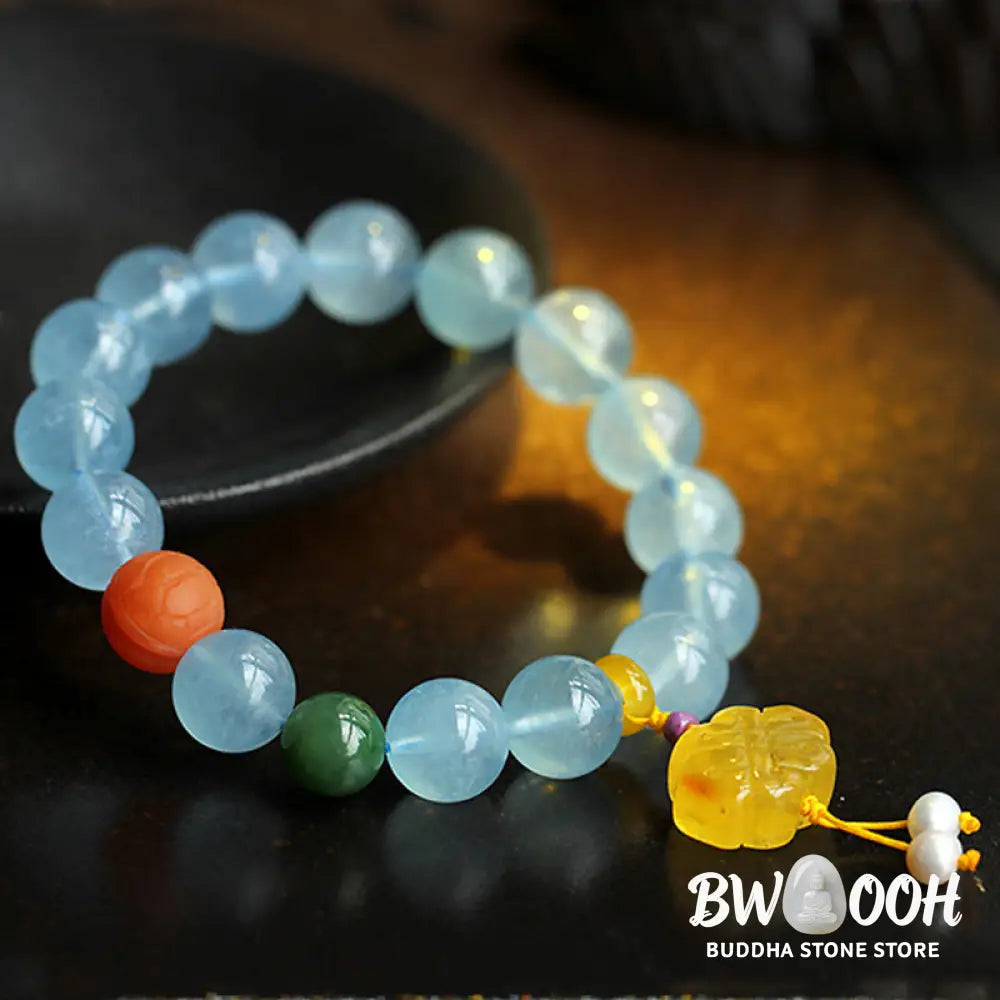 Buddha Stones Natural Aquamarine Amber Chinese Knotting Charm Peace Bracelet - BWOOOH - Aquamarine - Bracelet