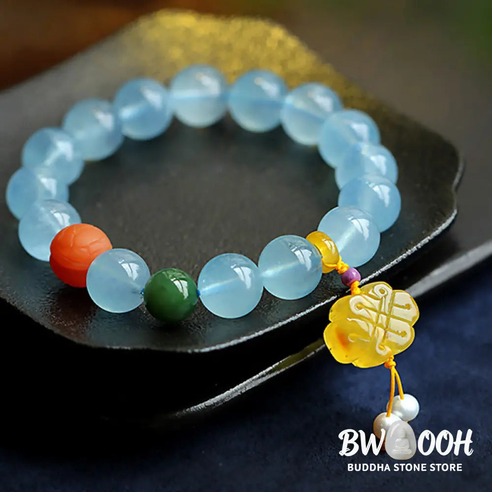 Buddha Stones Natural Aquamarine Amber Chinese Knotting Charm Peace Bracelet - BWOOOH - Aquamarine - Bracelet