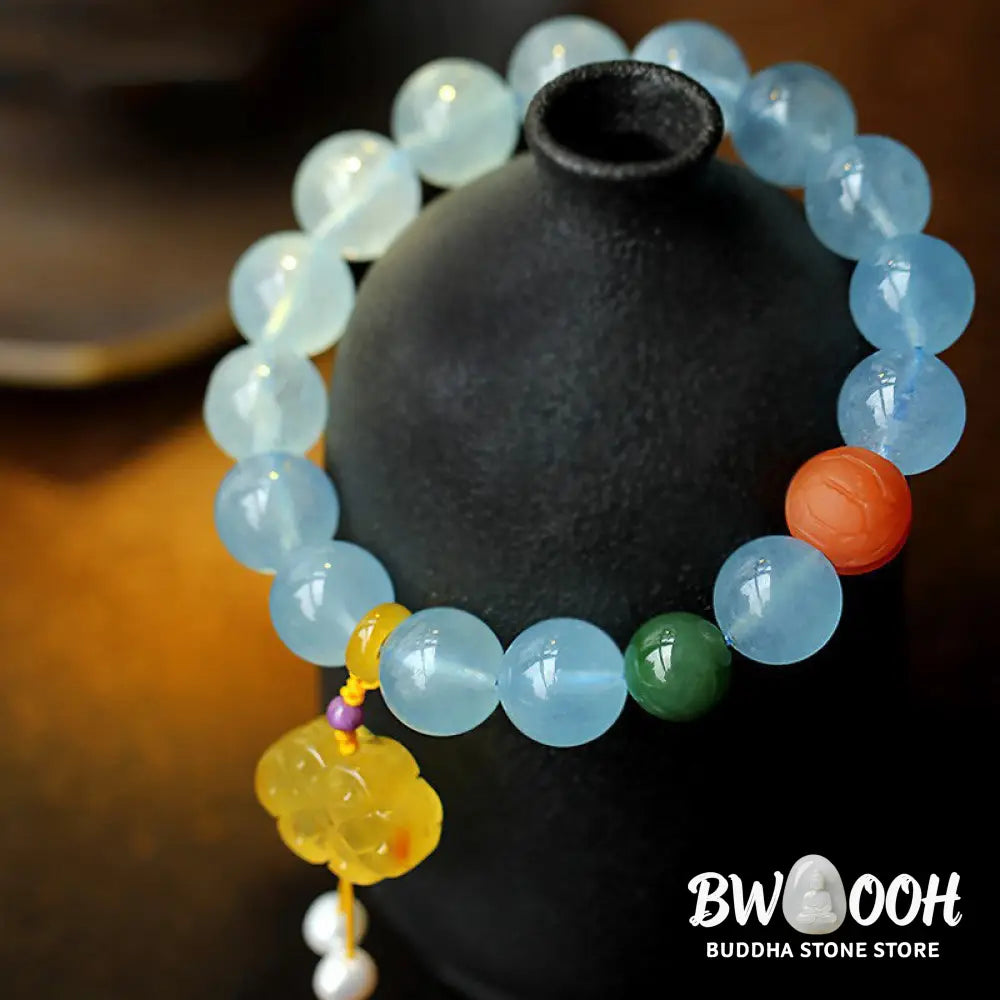 Buddha Stones Natural Aquamarine Amber Chinese Knotting Charm Peace Bracelet - BWOOOH - Aquamarine - Bracelet