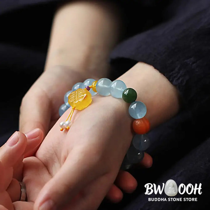 Buddha Stones Natural Aquamarine Amber Chinese Knotting Charm Peace Bracelet - BWOOOH - Aquamarine - Bracelet