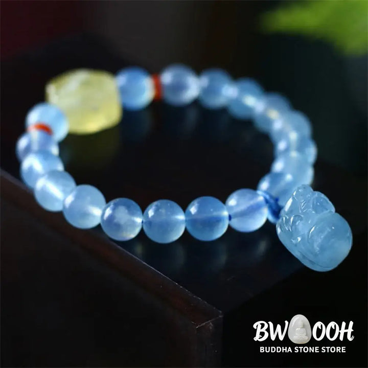 Buddha Stones Natural Aquamarine Amber Pixiu Peace Healing Charm Bracelet - BWOOOH - Aquamarine - Bracelet