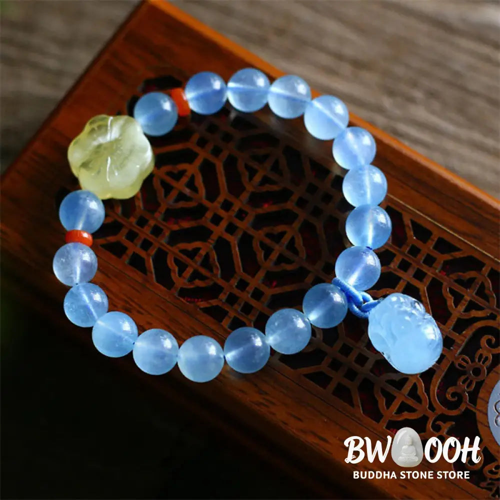 Buddha Stones Natural Aquamarine Amber Pixiu Peace Healing Charm Bracelet - BWOOOH - Aquamarine - Bracelet