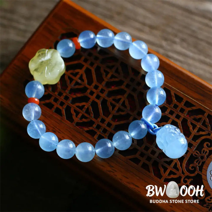 Buddha Stones Natural Aquamarine Amber Pixiu Peace Healing Charm Bracelet - BWOOOH - Aquamarine - Bracelet