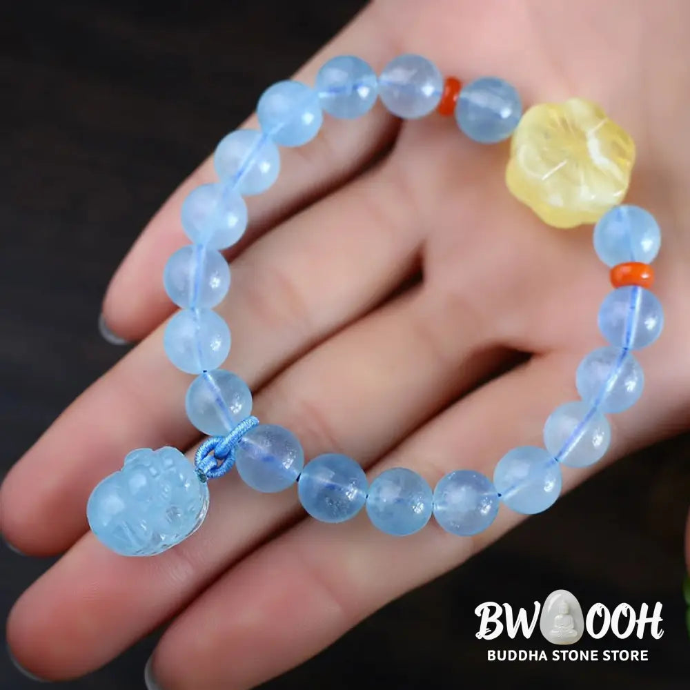 Buddha Stones Natural Aquamarine Amber Pixiu Peace Healing Charm Bracelet - BWOOOH - Aquamarine - Bracelet