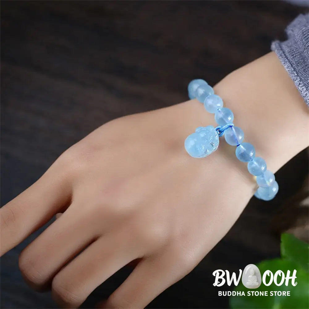 Buddha Stones Natural Aquamarine Amber Pixiu Peace Healing Charm Bracelet - BWOOOH - Aquamarine - Bracelet