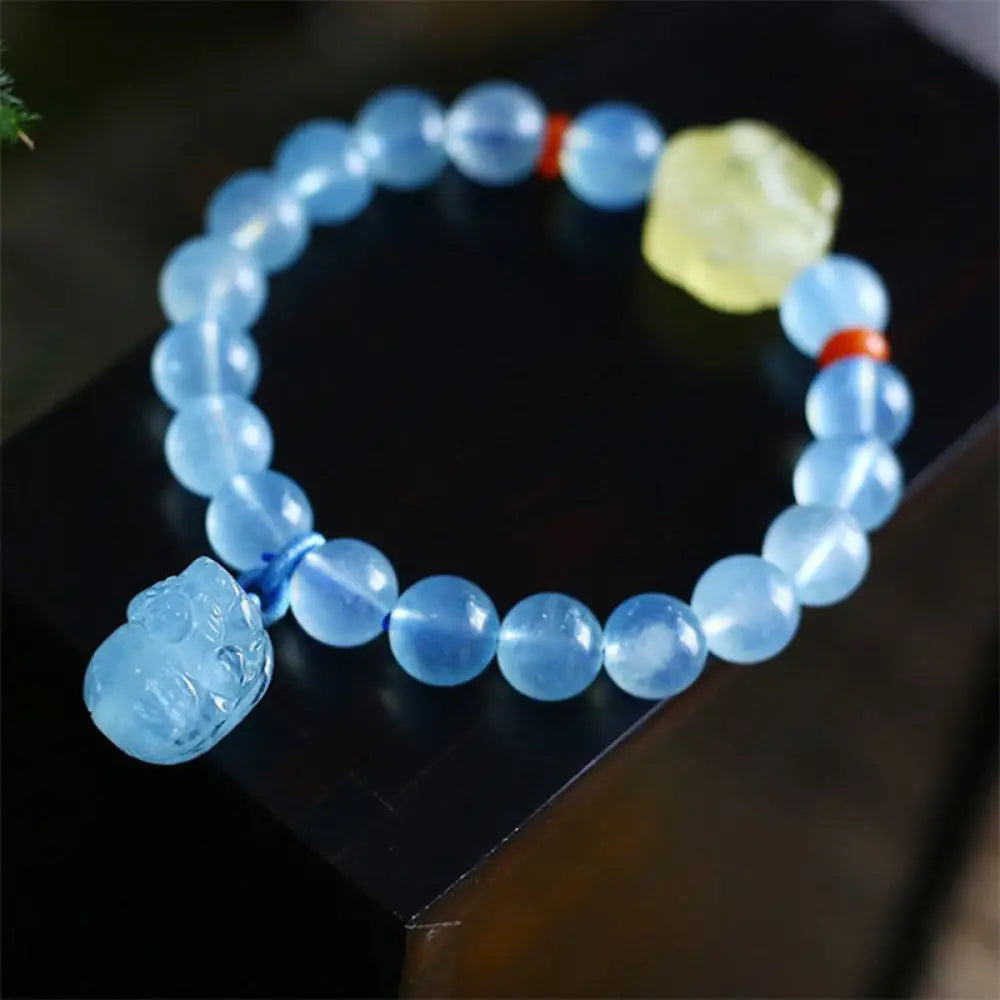 BWOOOH Natural Aquamarine Amber Pixiu Peace Healing Charm Bracelet - BWOOOH - Aquamarine - Bracelet