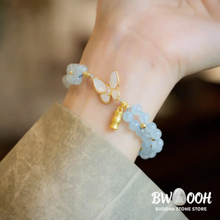 Buddha Stones Natural Aquamarine Amethyst Moonstone Butterfly Bamboo Healing Bracelet - BWOOOH - Bracelet