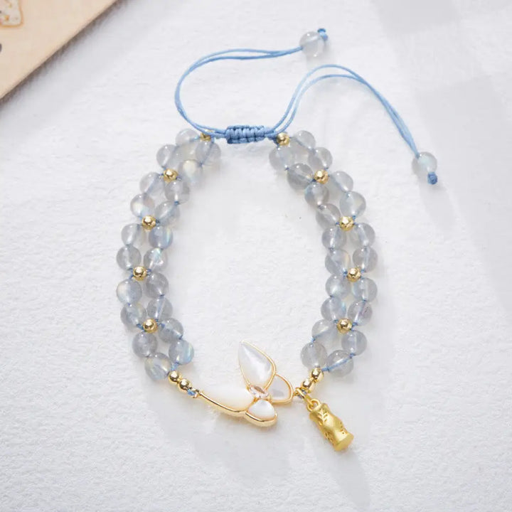 Buddha Stones Natural Aquamarine Amethyst Moonstone Butterfly Bamboo Healing Bracelet - BWOOOH - Moonstone(Wrist
