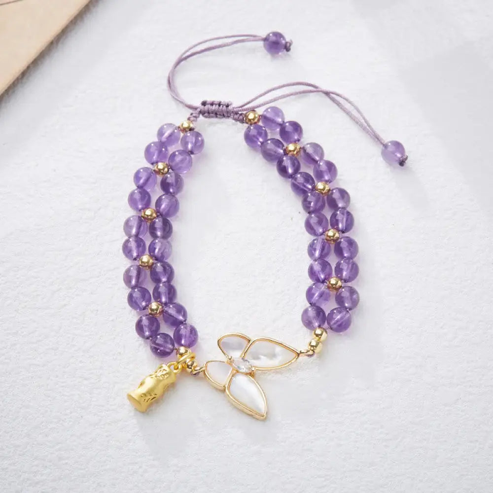 Buddha Stones Natural Aquamarine Amethyst Moonstone Butterfly Bamboo Healing Bracelet - BWOOOH - Amethyst(Wrist