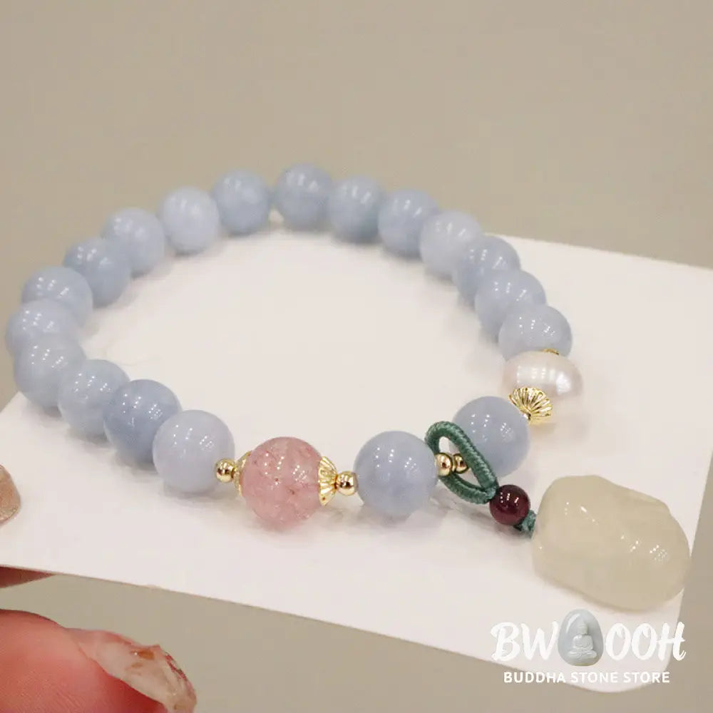 Buddha Stones Natural Aquamarine Chalcedony Serenity Rabbit Gourd Cat Charm Bracelet - BWOOOH - Bracelet