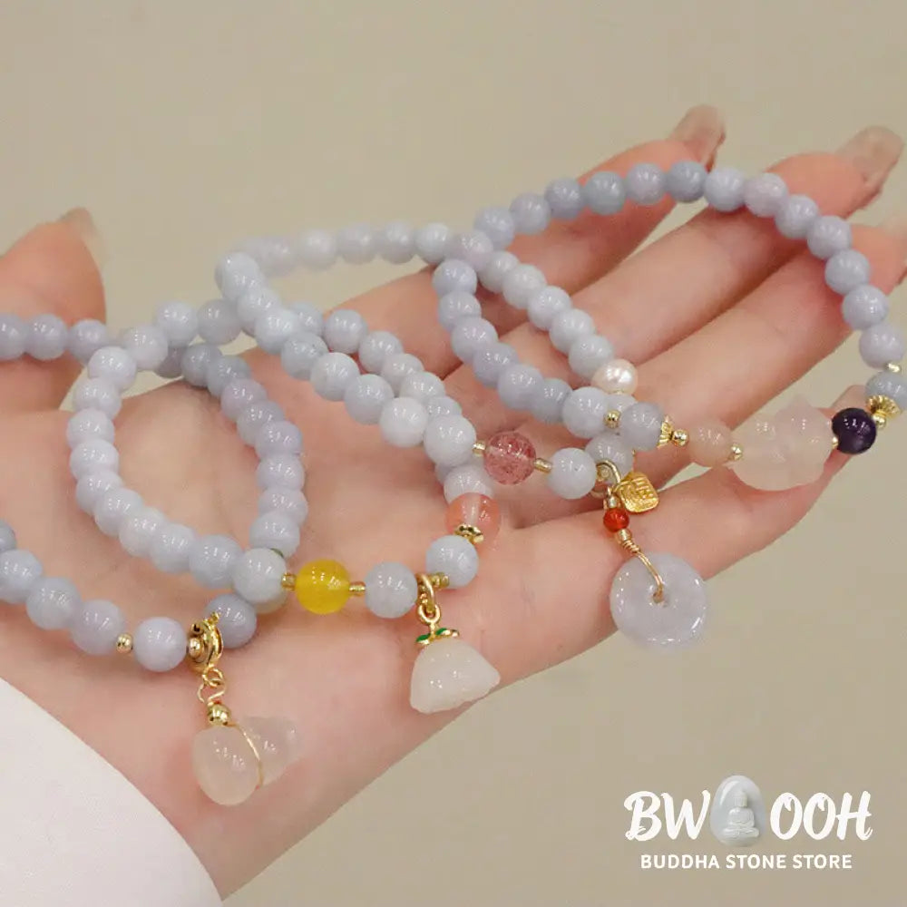 Buddha Stones Natural Aquamarine Chalcedony Serenity Rabbit Gourd Cat Charm Bracelet - BWOOOH - Bracelet