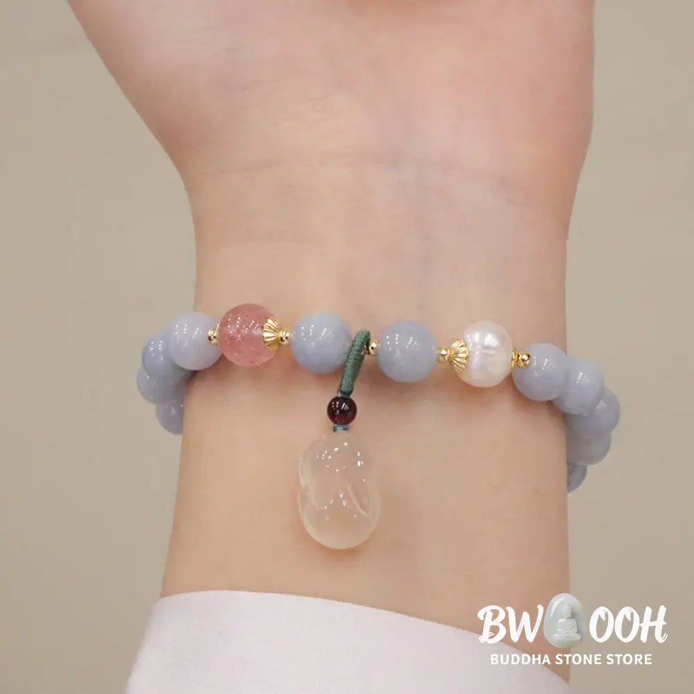 Buddha Stones Natural Aquamarine Chalcedony Serenity Rabbit Gourd Cat Charm Bracelet - BWOOOH - Bracelet