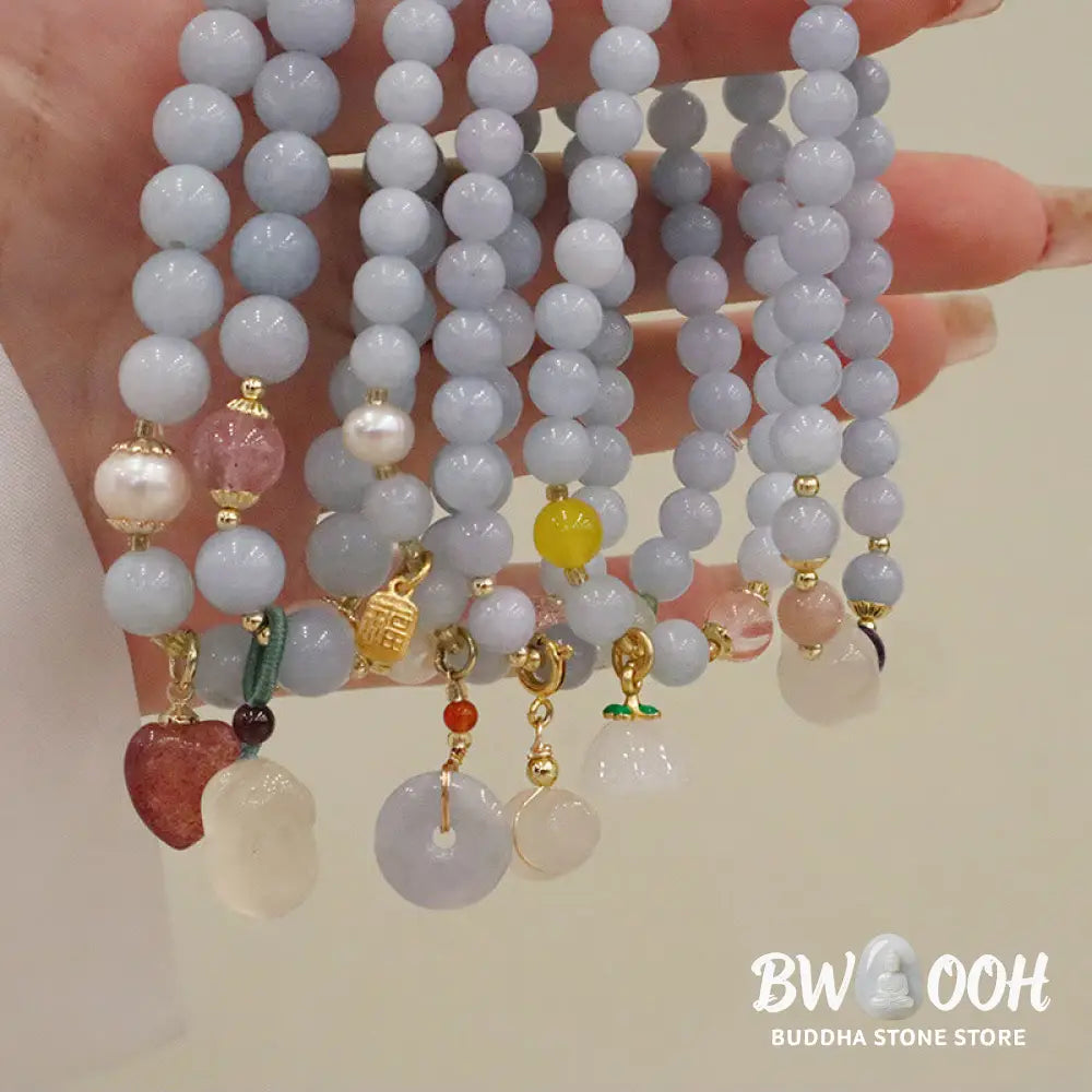 Buddha Stones Natural Aquamarine Chalcedony Serenity Rabbit Gourd Cat Charm Bracelet - BWOOOH - Bracelet