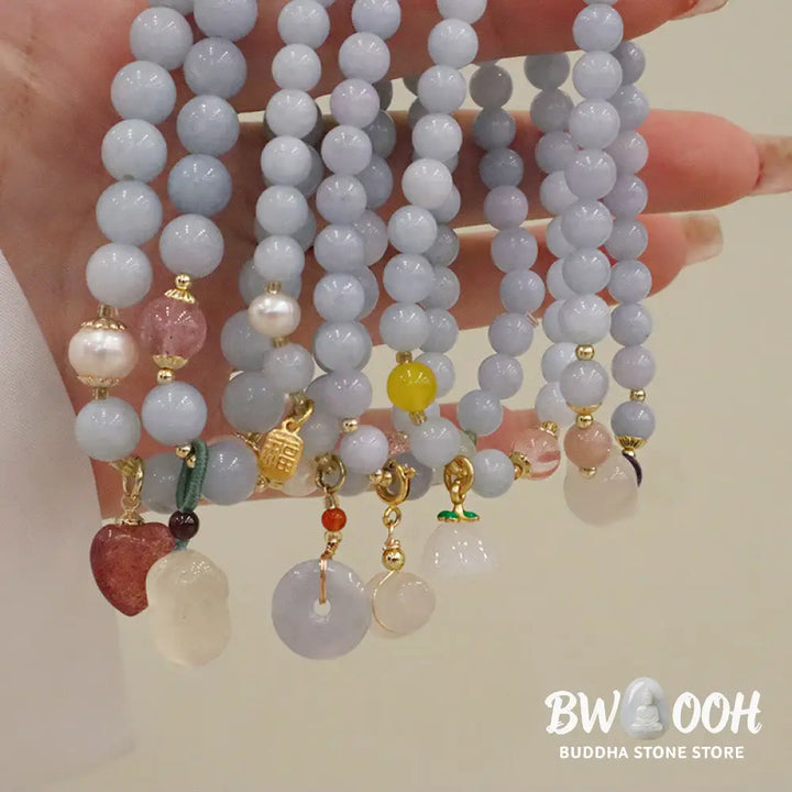 Buddha Stones Natural Aquamarine Chalcedony Serenity Rabbit Gourd Cat Charm Bracelet - BWOOOH - Bracelet