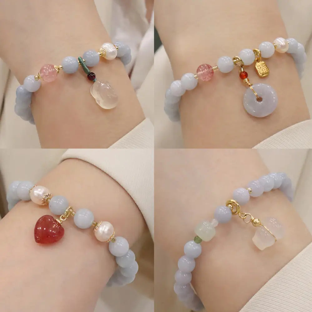 BWOOOH Natural Aquamarine Chalcedony Serenity Rabbit Gourd Cat Charm Bracelet - BWOOOH - Bracelet