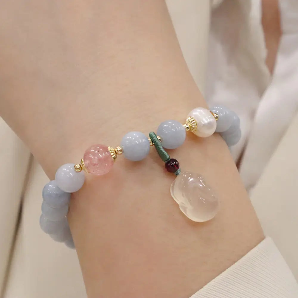 Buddha Stones Natural Aquamarine Chalcedony Serenity Rabbit Gourd Cat Charm Bracelet - BWOOOH - Aquamarine Chalcedony