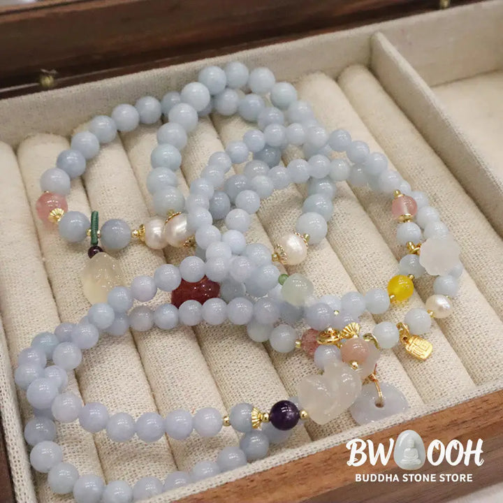 Buddha Stones Natural Aquamarine Chalcedony Serenity Rabbit Gourd Cat Charm Bracelet - BWOOOH - Bracelet