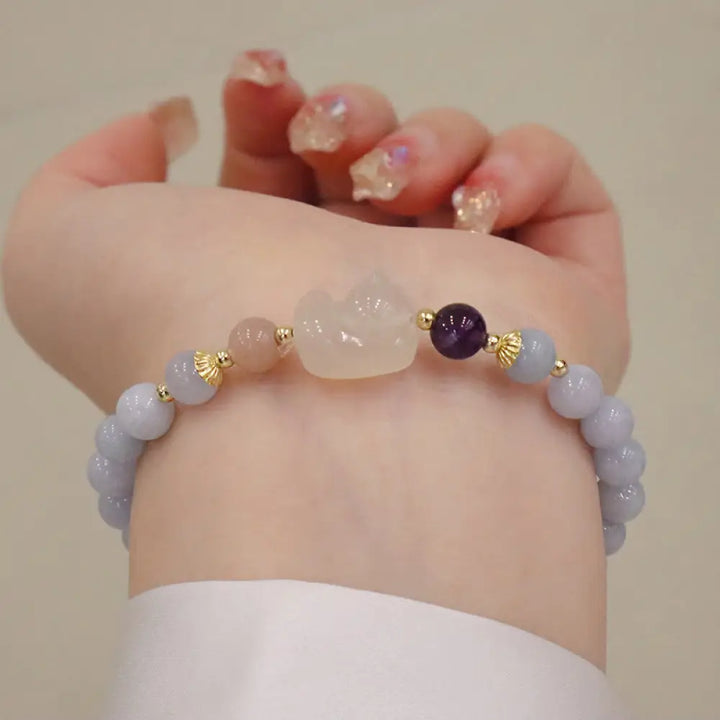 Buddha Stones Natural Aquamarine Chalcedony Serenity Rabbit Gourd Cat Charm Bracelet - BWOOOH - Aquamarine Chalcedony