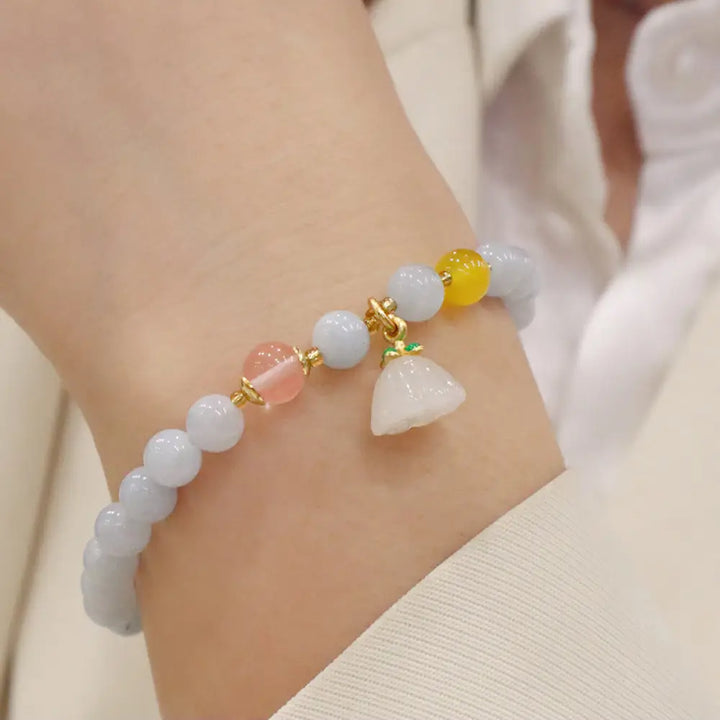 Buddha Stones Natural Aquamarine Chalcedony Serenity Rabbit Gourd Cat Charm Bracelet - BWOOOH - Aquamarine Chalcedony