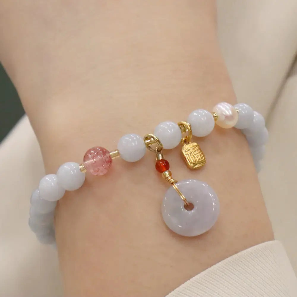 Buddha Stones Natural Aquamarine Chalcedony Serenity Rabbit Gourd Cat Charm Bracelet - BWOOOH - Aquamarine Peace Buckle