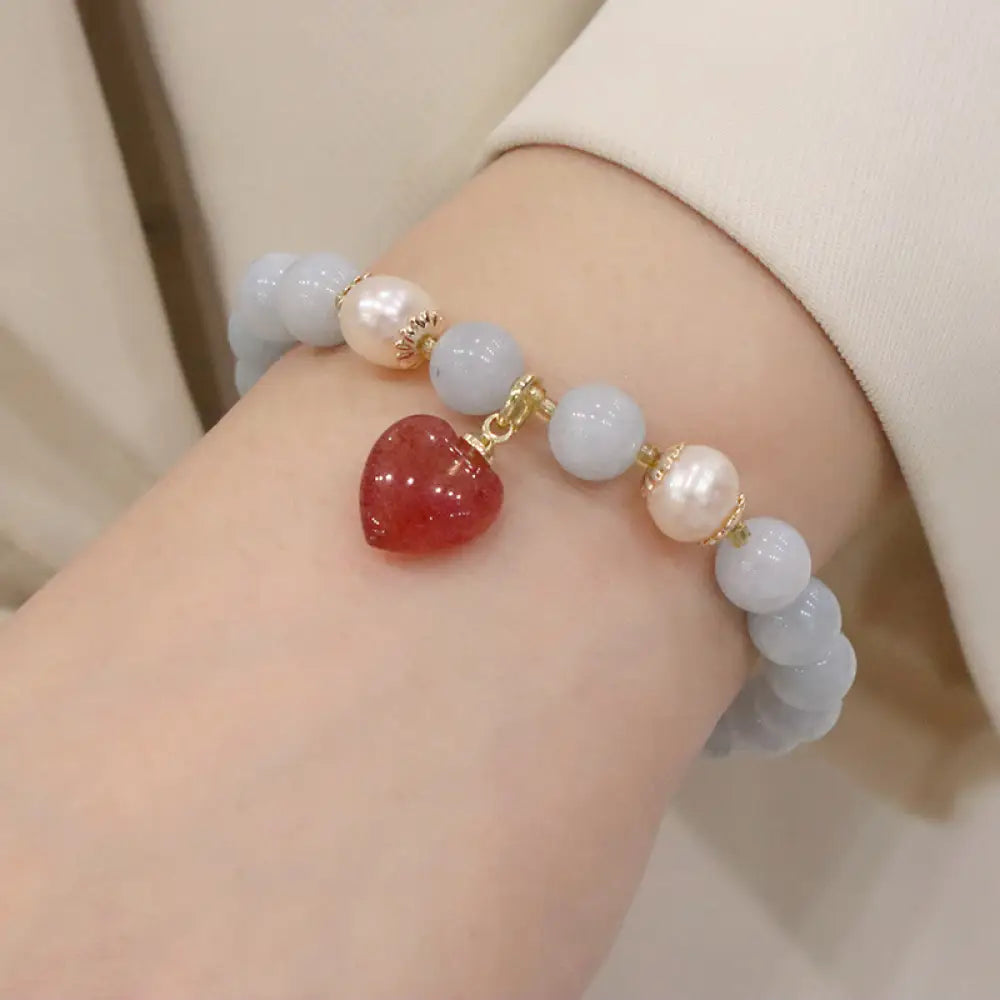 Buddha Stones Natural Aquamarine Chalcedony Serenity Rabbit Gourd Cat Charm Bracelet - BWOOOH - Aquamarine Strawberry