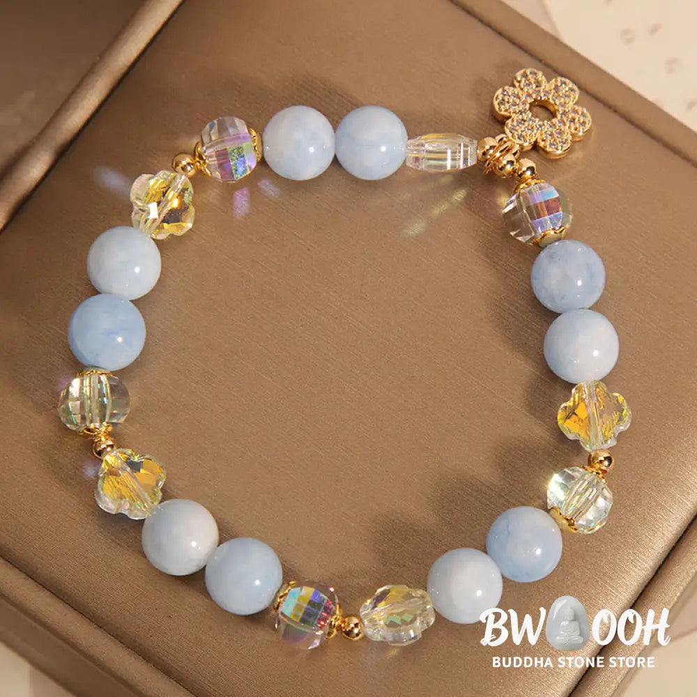 Buddha Stones Natural Aquamarine Flower Healing Crystal Bracelet - BWOOOH - Aquamarine(Wrist Circumference 14-16cm)