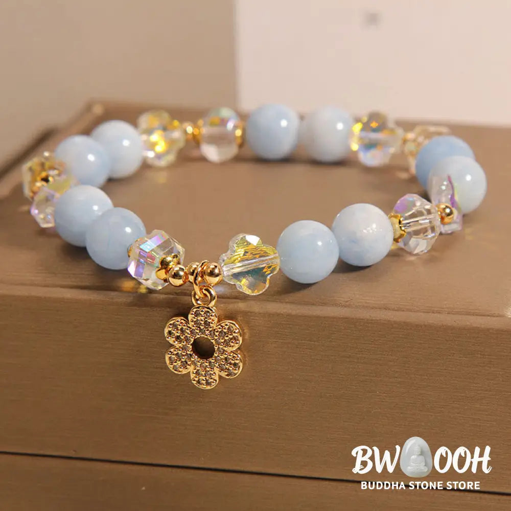 Buddha Stones Natural Aquamarine Flower Healing Crystal Bracelet - BWOOOH - Aquamarine(Wrist Circumference 14-16cm)
