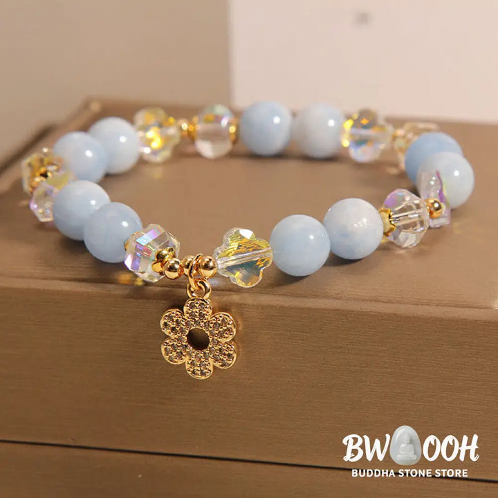 Buddha Stones Natural Aquamarine Flower Healing Crystal Bracelet - BWOOOH - Aquamarine(Wrist Circumference 14-16cm)