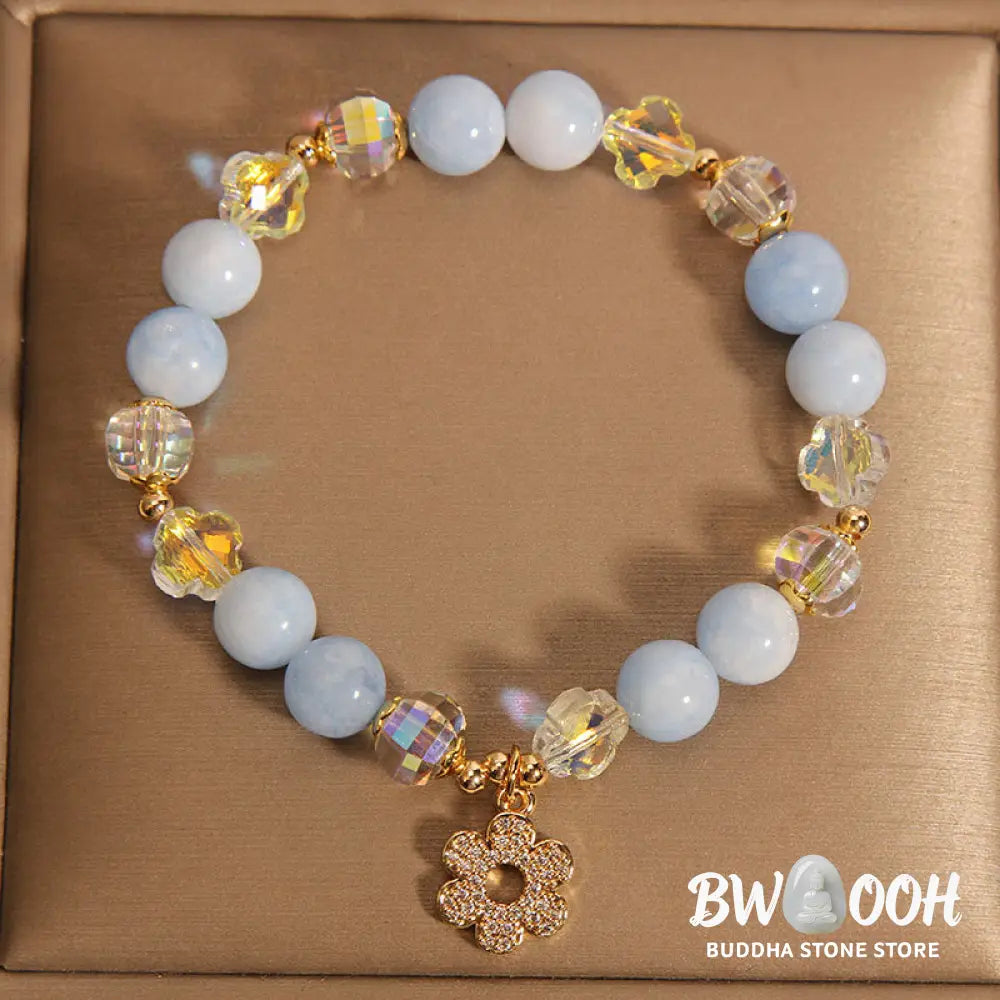 Buddha Stones Natural Aquamarine Flower Healing Crystal Bracelet - BWOOOH - Aquamarine(Wrist Circumference 14-16cm)