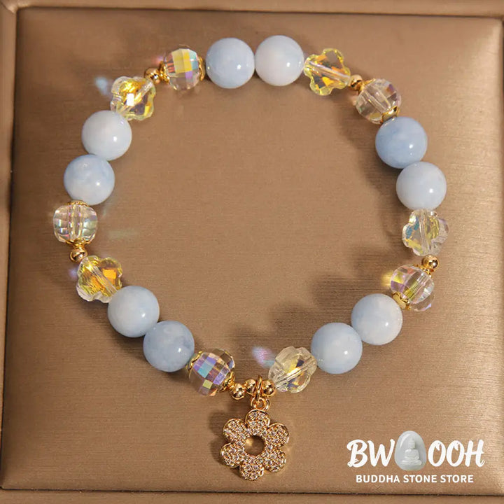 Buddha Stones Natural Aquamarine Flower Healing Crystal Bracelet - BWOOOH - Aquamarine(Wrist Circumference 14-16cm)