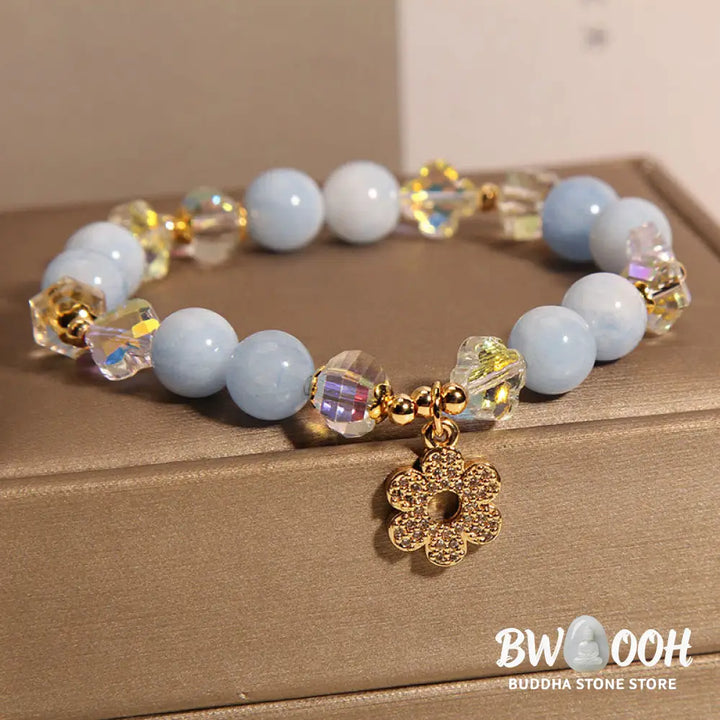 Buddha Stones Natural Aquamarine Flower Healing Crystal Bracelet - BWOOOH - Aquamarine(Wrist Circumference 14-16cm)