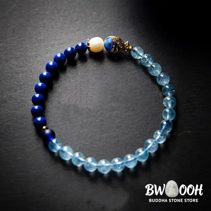 Buddha Stones Natural Aquamarine Lazurite Fish Healing Bracelet - Aquamarine&amp;Lazurite - Bracelet
