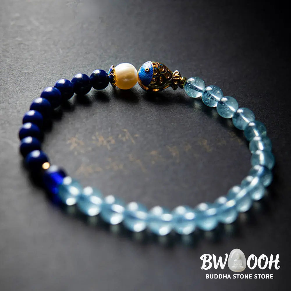 Buddha Stones Natural Aquamarine Lazurite Fish Healing Bracelet - Aquamarine&Lazurite - Bracelet