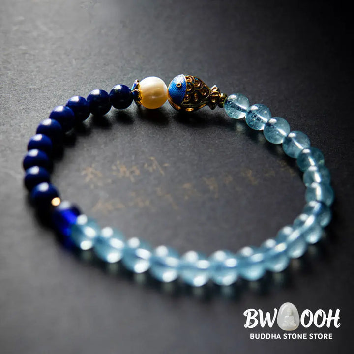 Buddha Stones Natural Aquamarine Lazurite Fish Healing Bracelet - Aquamarine&amp;Lazurite - Bracelet