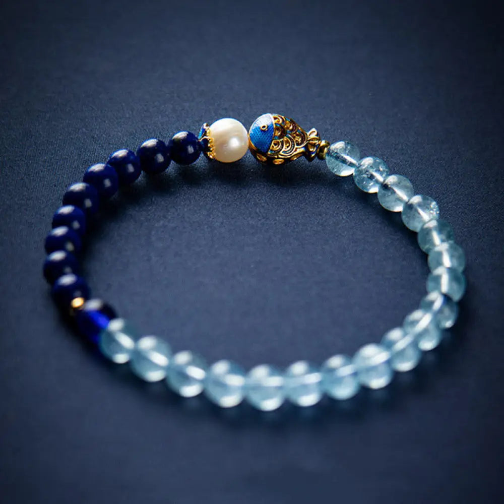 Buddha Stones Natural Aquamarine Lazurite Fish Healing Bracelet - Aquamarine&Lazurite - Bracelet
