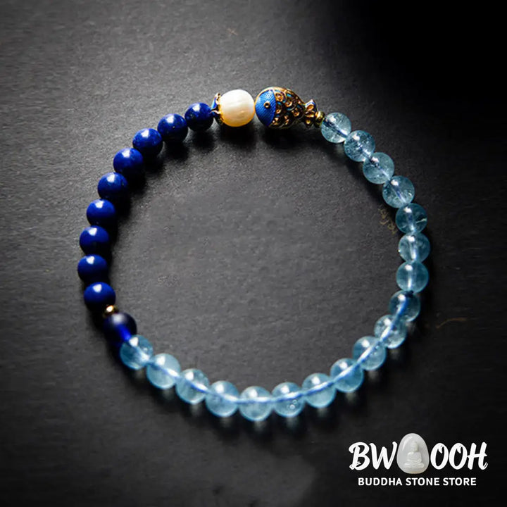 Buddha Stones Natural Aquamarine Lazurite Fish Healing Bracelet - Aquamarine&amp;Lazurite - Bracelet