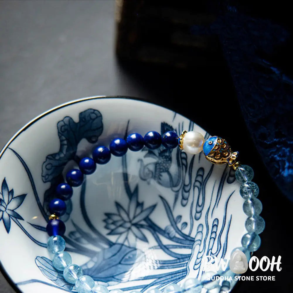 Buddha Stones Natural Aquamarine Lazurite Fish Healing Bracelet - Aquamarine&amp;Lazurite - Bracelet