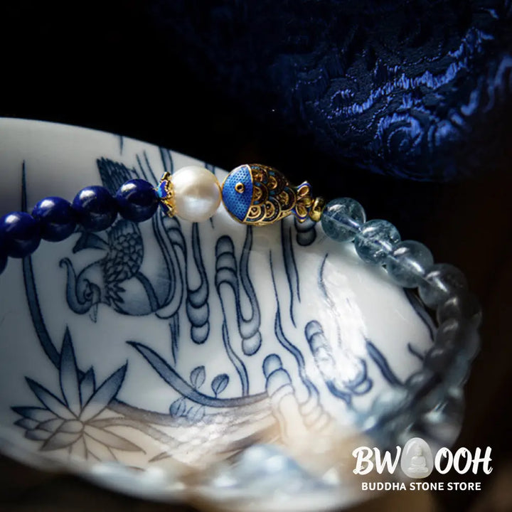 Buddha Stones Natural Aquamarine Lazurite Fish Healing Bracelet - Aquamarine&amp;Lazurite - Bracelet