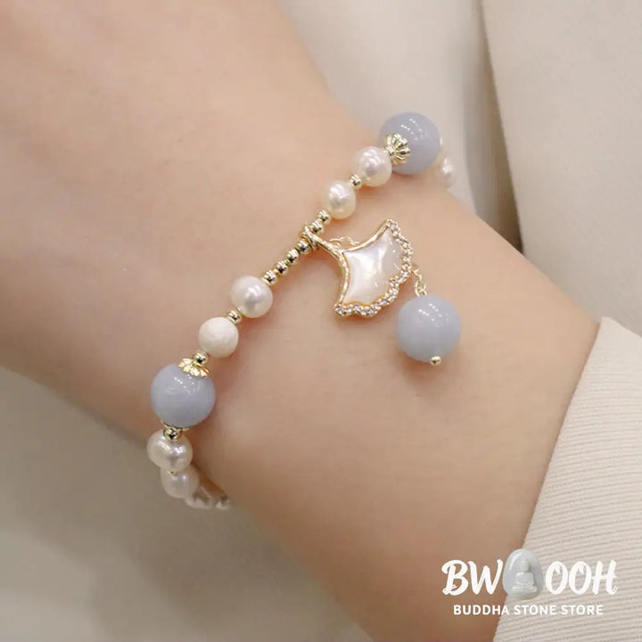 Buddha Stones Natural Aquamarine Pearl Healing Ginkgo Leaf Butterfly Charm Bracelet - BWOOOH - Bracelet