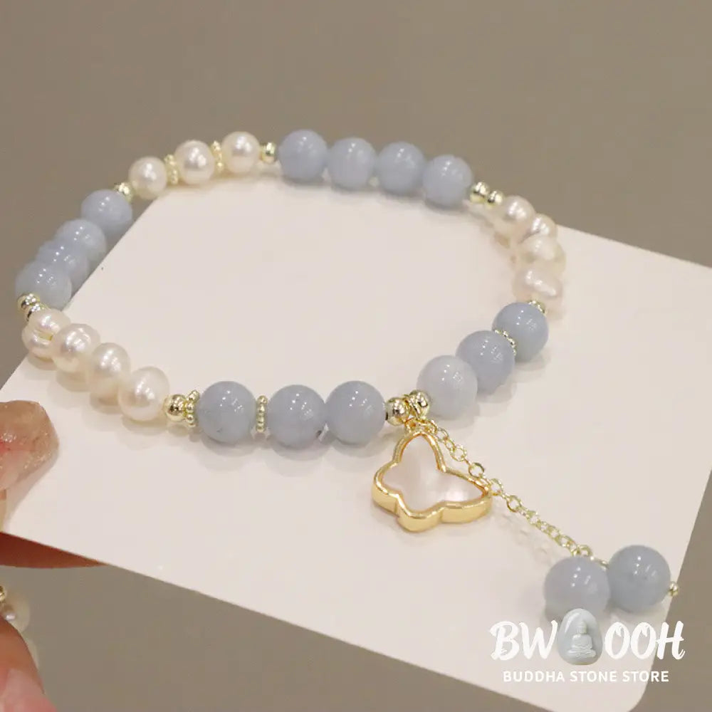 Buddha Stones Natural Aquamarine Pearl Healing Ginkgo Leaf Butterfly Charm Bracelet - BWOOOH - Bracelet