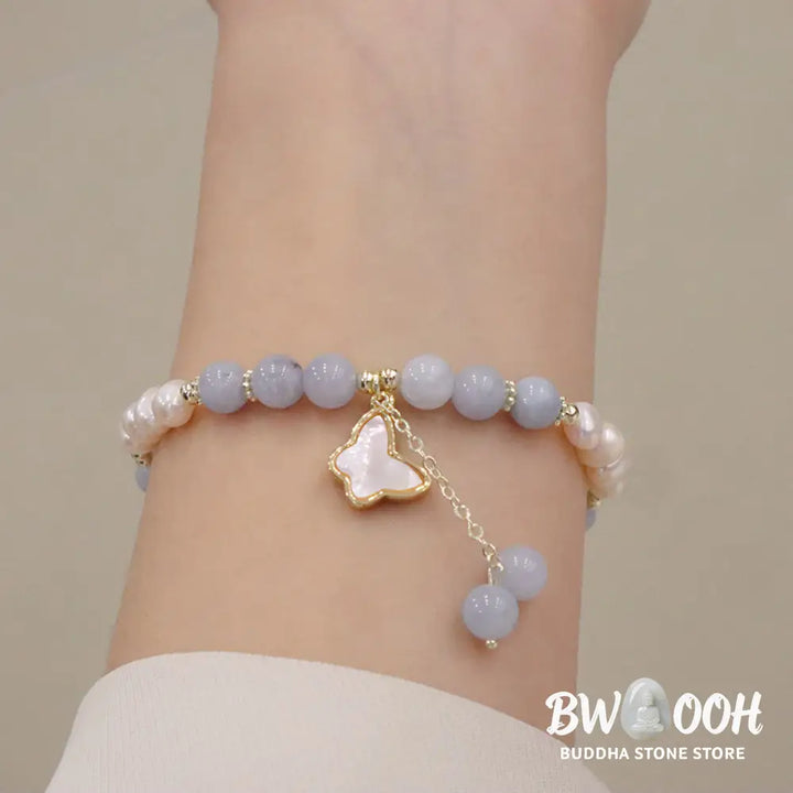 Buddha Stones Natural Aquamarine Pearl Healing Ginkgo Leaf Butterfly Charm Bracelet - BWOOOH - Bracelet