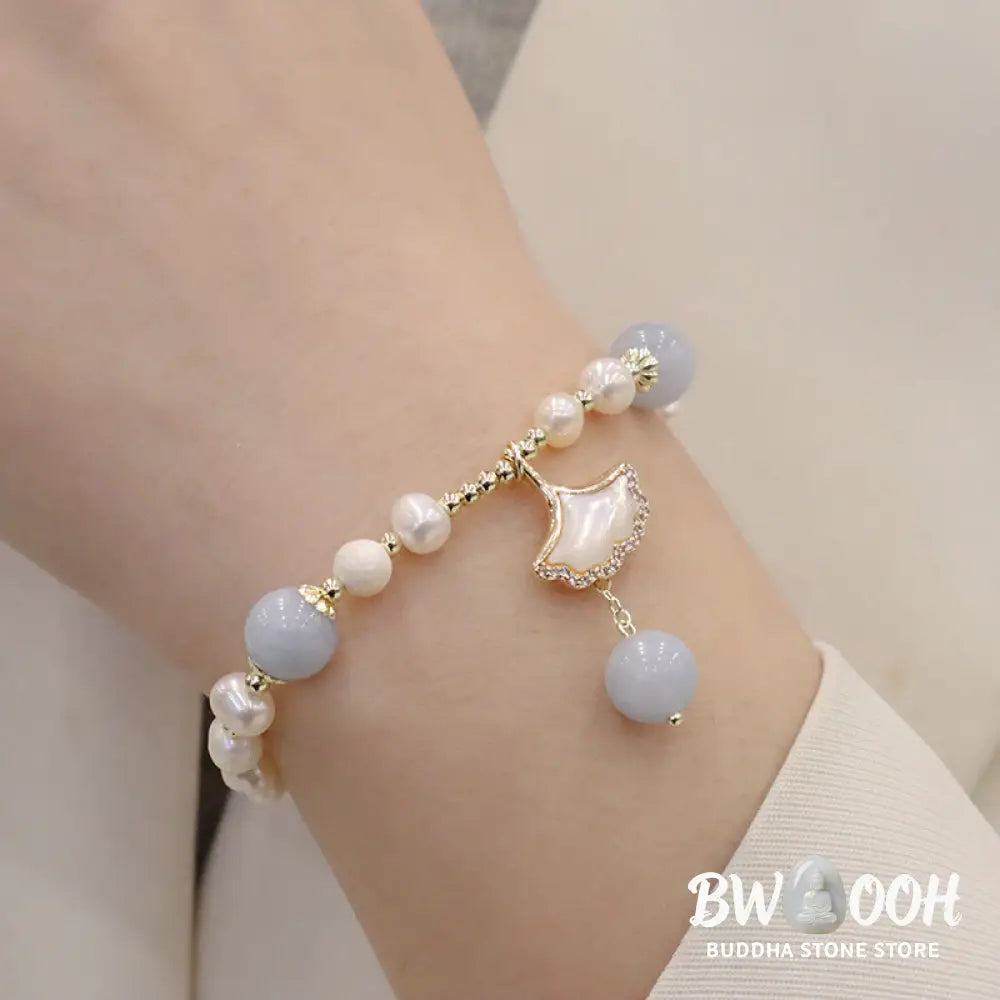 Buddha Stones Natural Aquamarine Pearl Healing Ginkgo Leaf Butterfly Charm Bracelet - BWOOOH - Bracelet