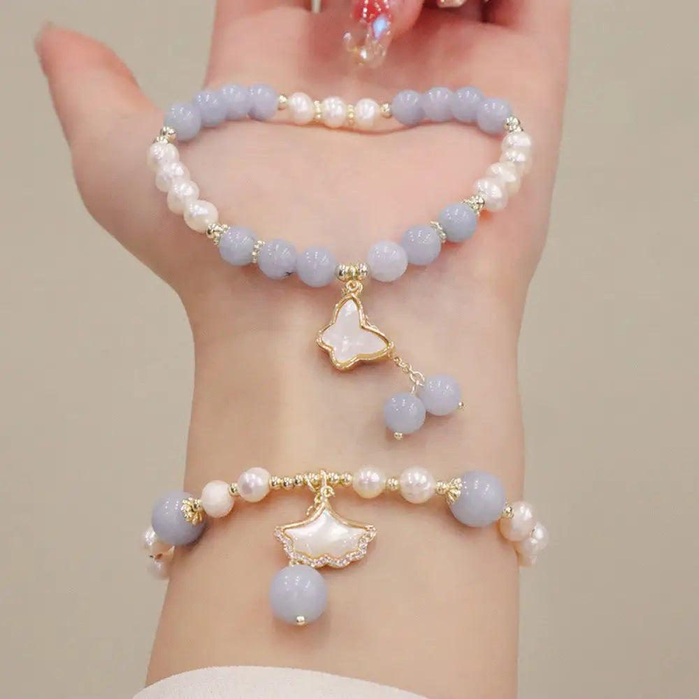 BWOOOH Natural Aquamarine Pearl Healing Ginkgo Leaf Butterfly Charm Bracelet - BWOOOH - Bracelet
