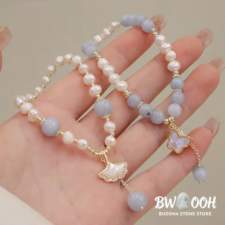 Buddha Stones Natural Aquamarine Pearl Healing Ginkgo Leaf Butterfly Charm Bracelet - BWOOOH - Bracelet