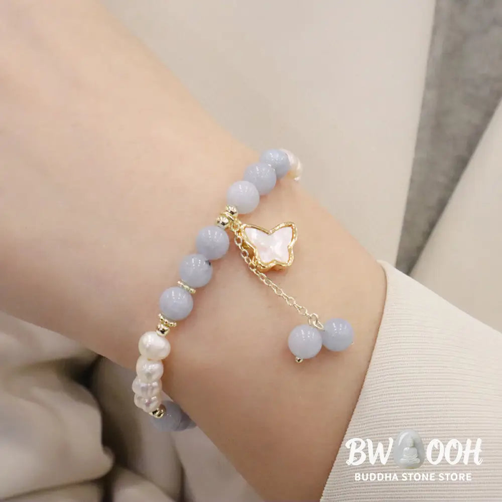 Buddha Stones Natural Aquamarine Pearl Healing Ginkgo Leaf Butterfly Charm Bracelet - BWOOOH - Bracelet